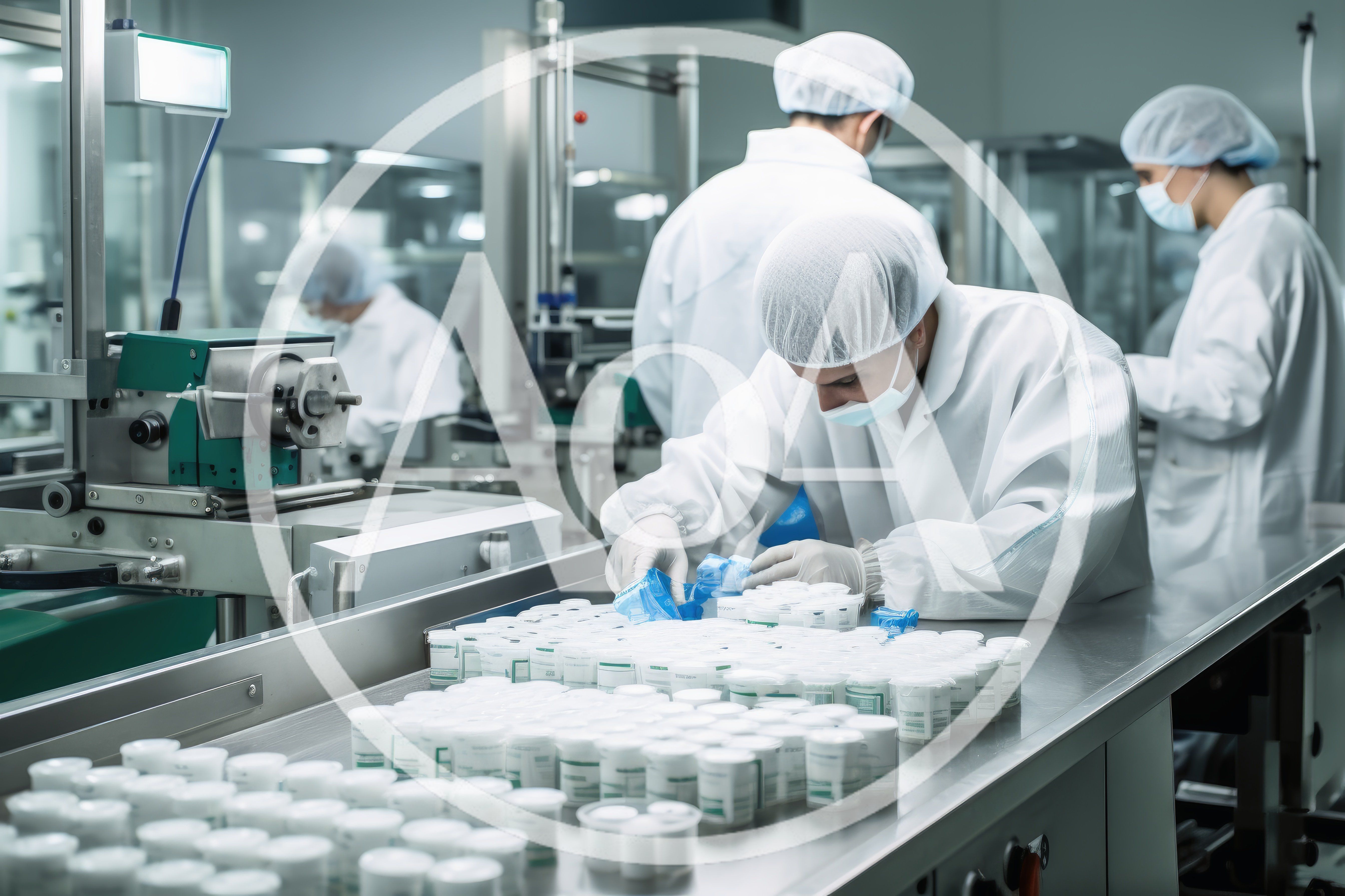 Pharmaceutical Workers Inspecting Medicine Containers On Production Line