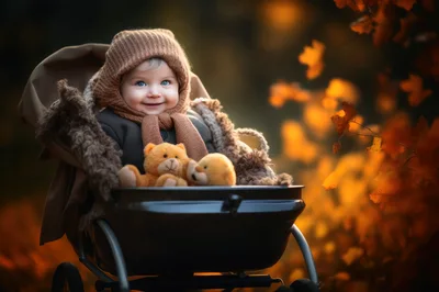 Happy Baby Sitting In A Stroller With Teddy Bears