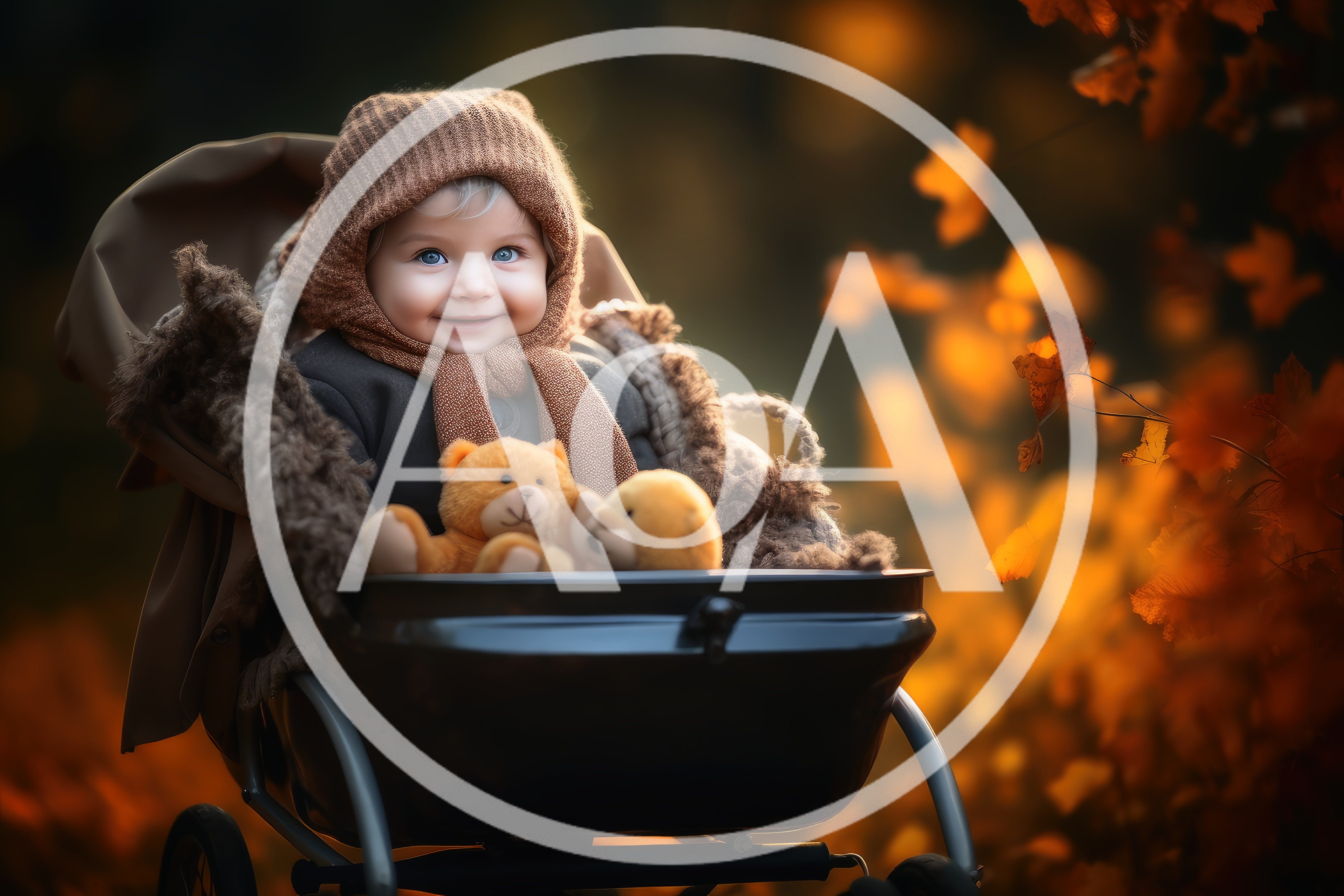 Happy Baby Sitting In A Stroller With Teddy Bears
