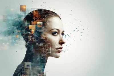 Digital Human Head With Abstract Technology And Data Particles