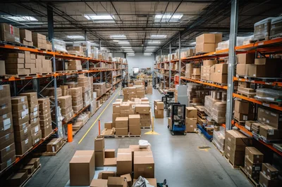 Large Industrial Warehouse With Stacked Cardboard Boxes