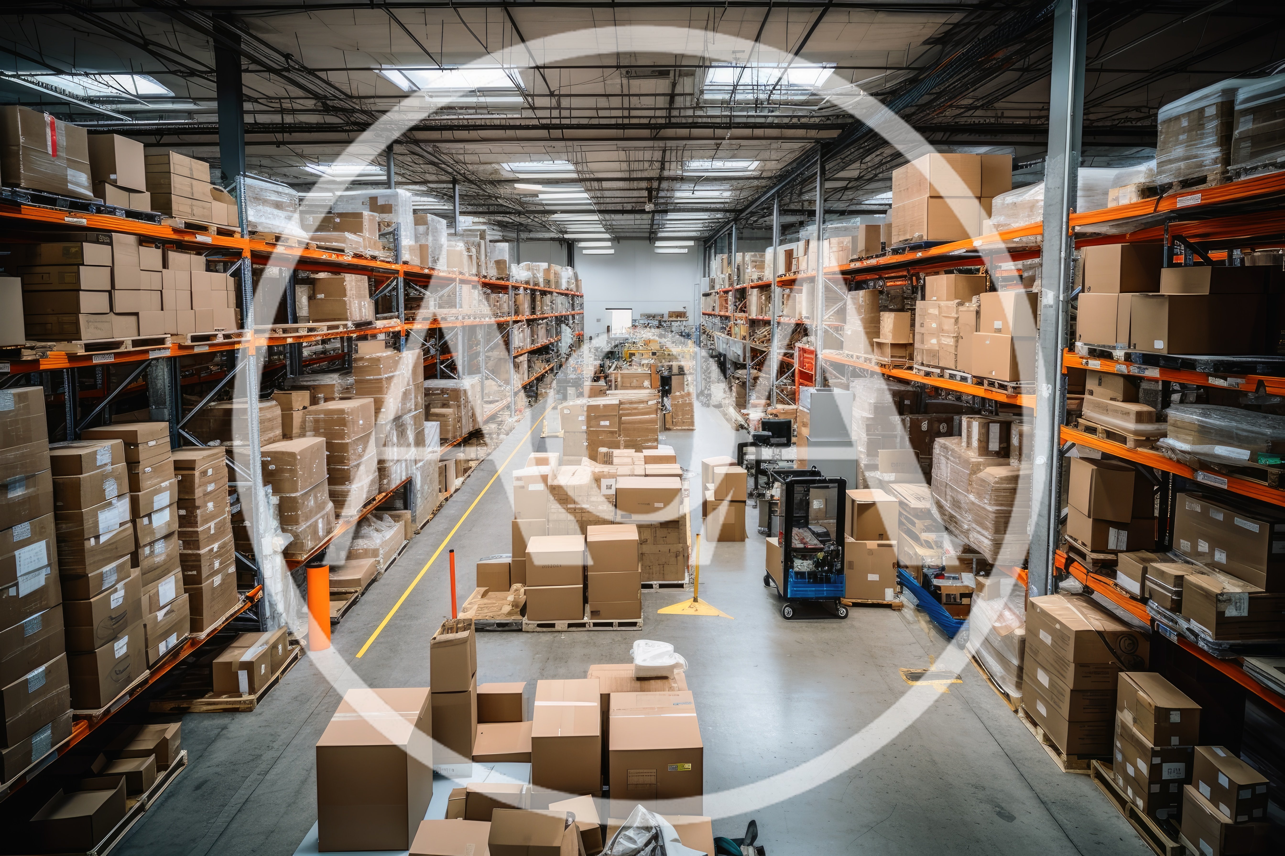 Large Industrial Warehouse With Stacked Cardboard Boxes