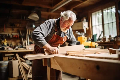Elderly Carpenter Working With Wood In Workshop