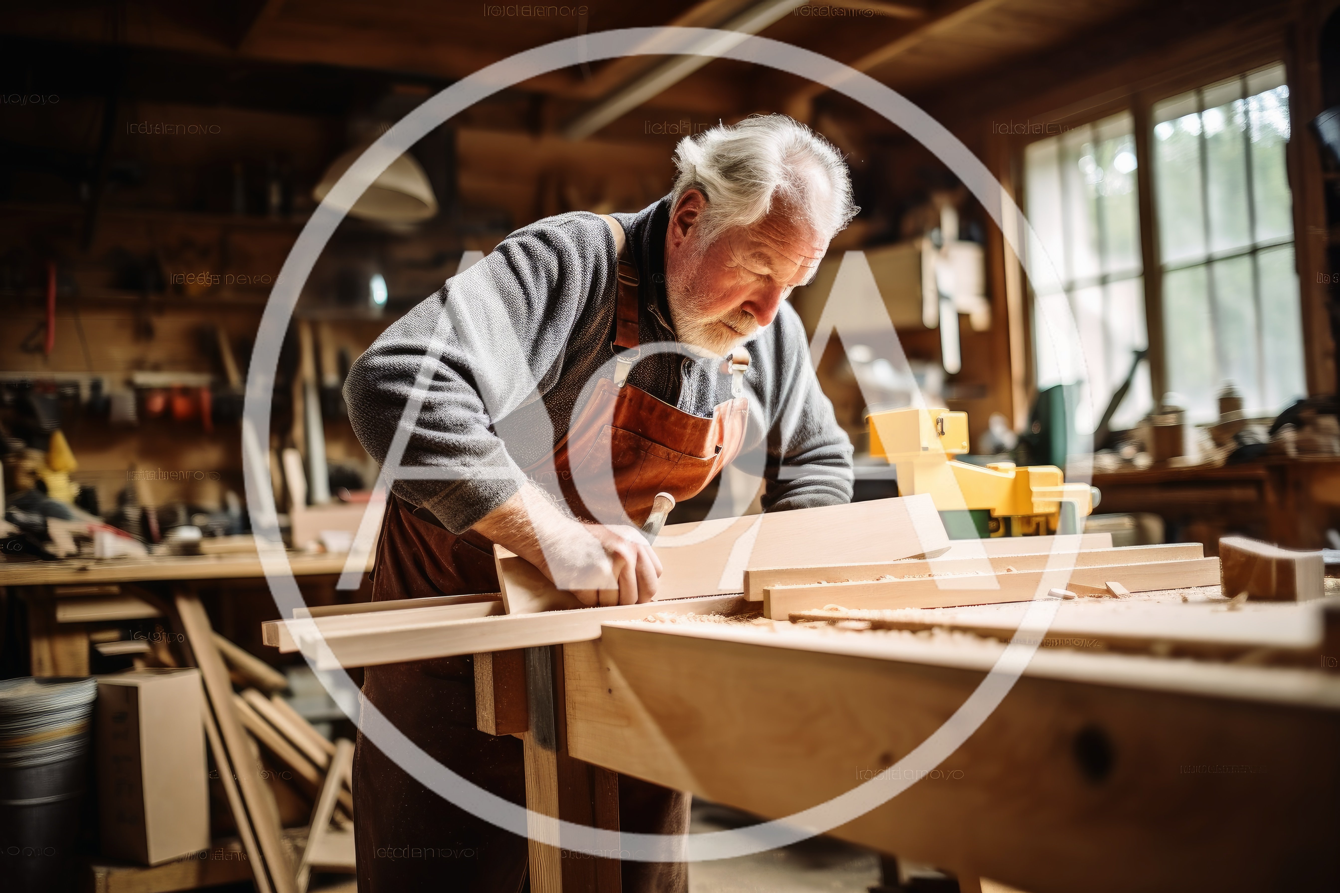 Elderly Carpenter Working With Wood In Workshop