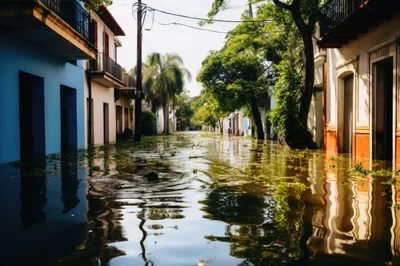 Flooded Residential Street In A Tropical Town