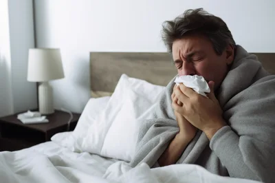 Sick Man Blowing Nose Into Tissue In Bed