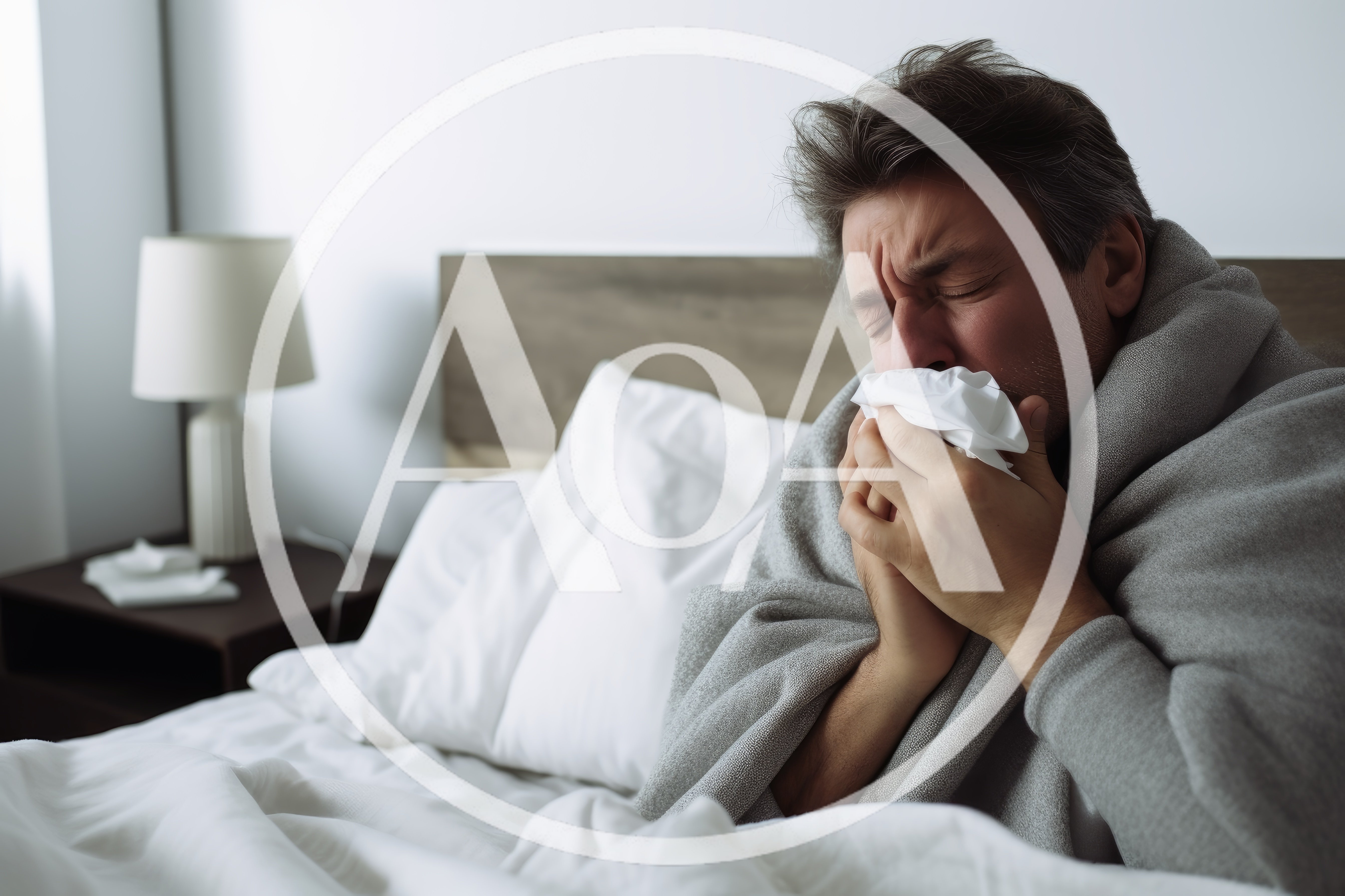 Sick Man Blowing Nose Into Tissue In Bed