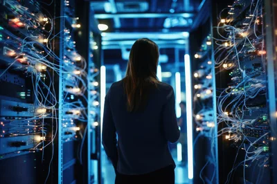 Female IT Specialist Walking Through A Modern Data Center