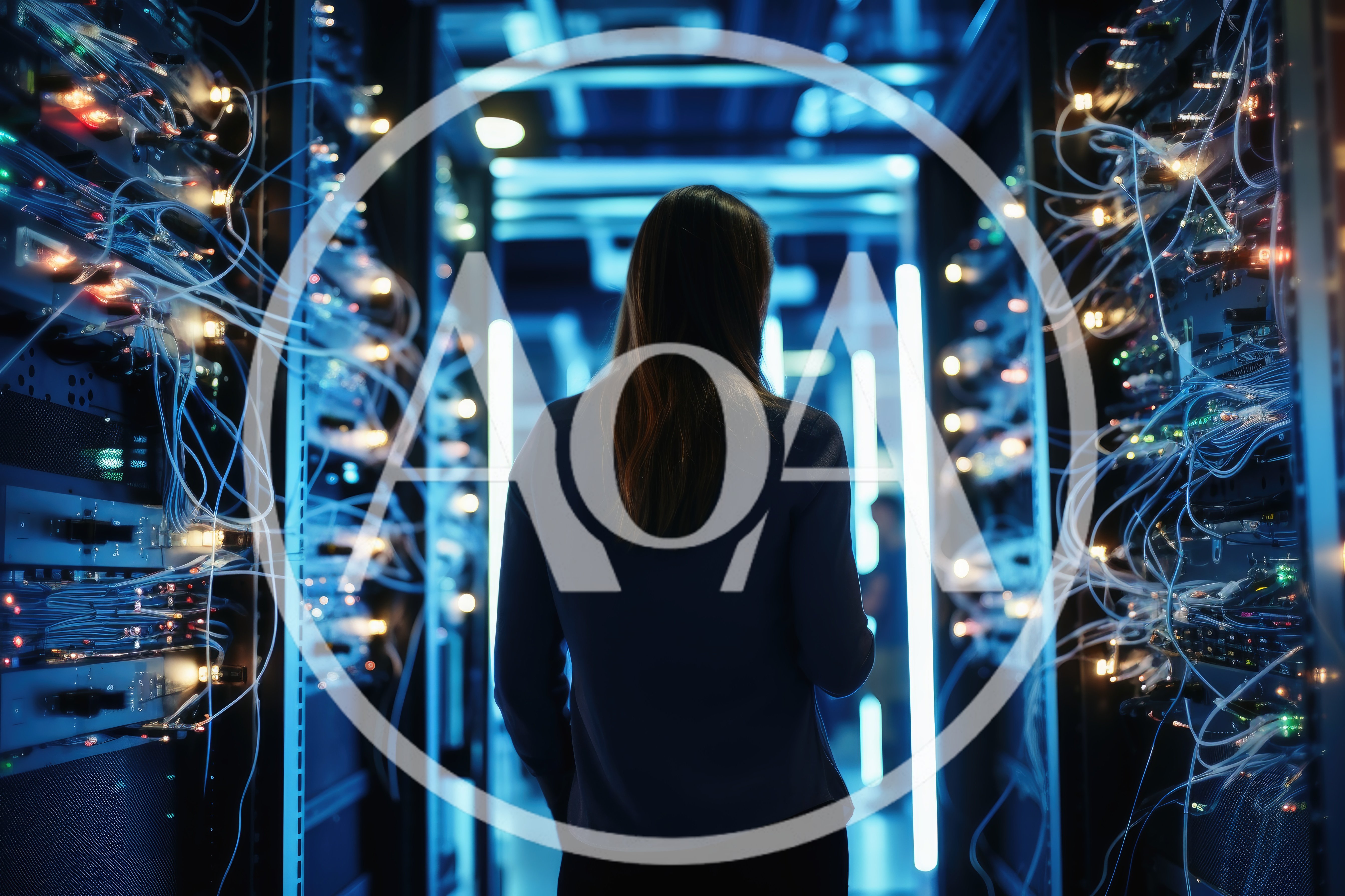 Female IT Specialist Walking Through A Modern Data Center