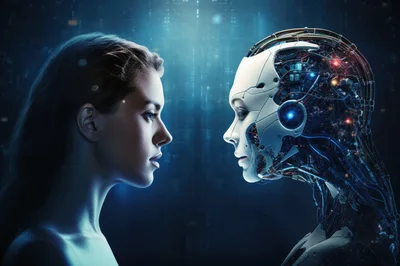 Human Woman Facing Advanced Artificial Intelligence Robot