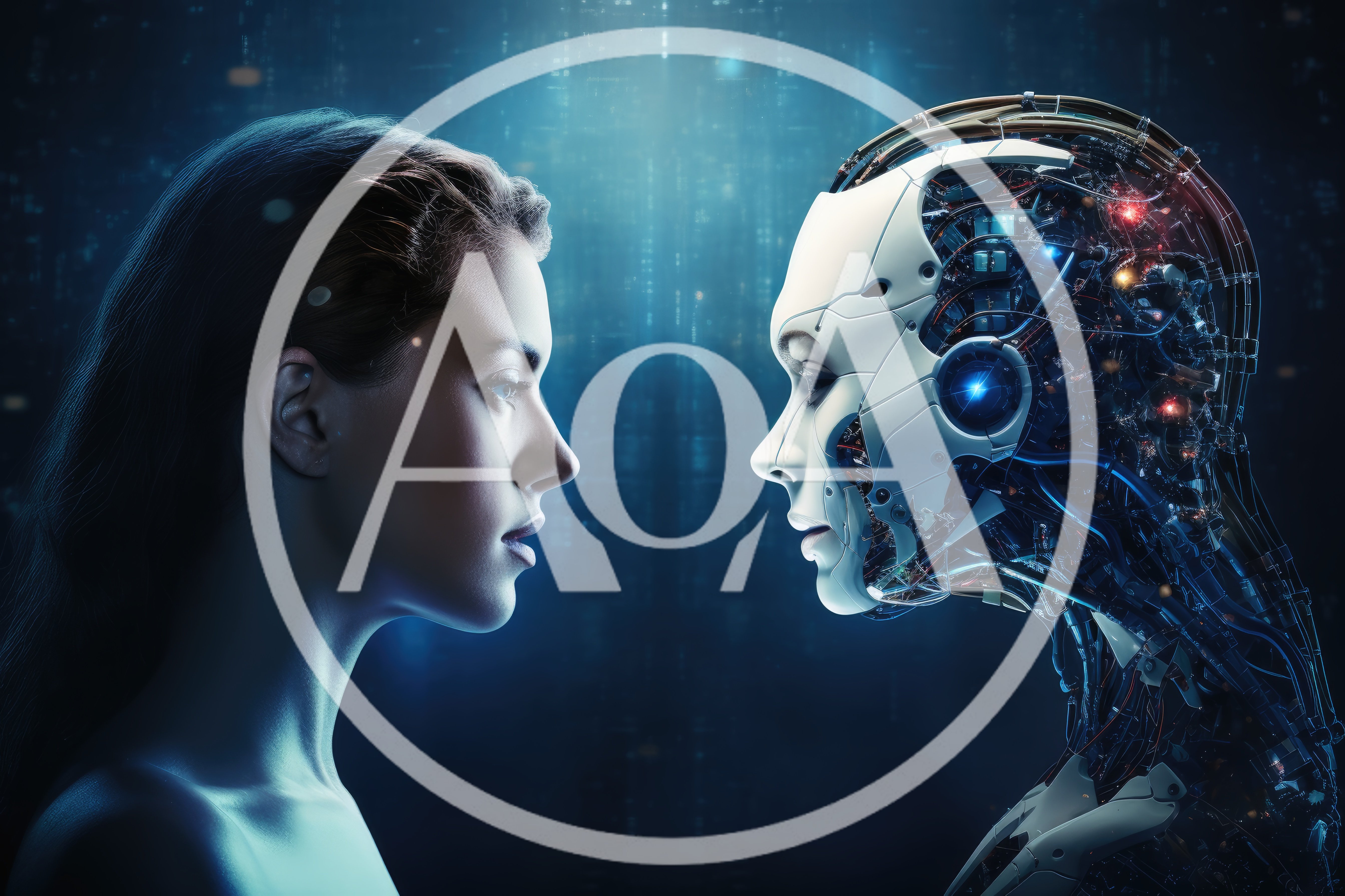Human Woman Facing Advanced Artificial Intelligence Robot