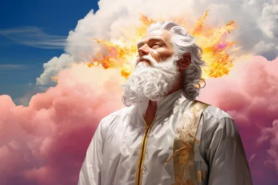 Majestic Elderly Man With White Beard In Divine Clouds