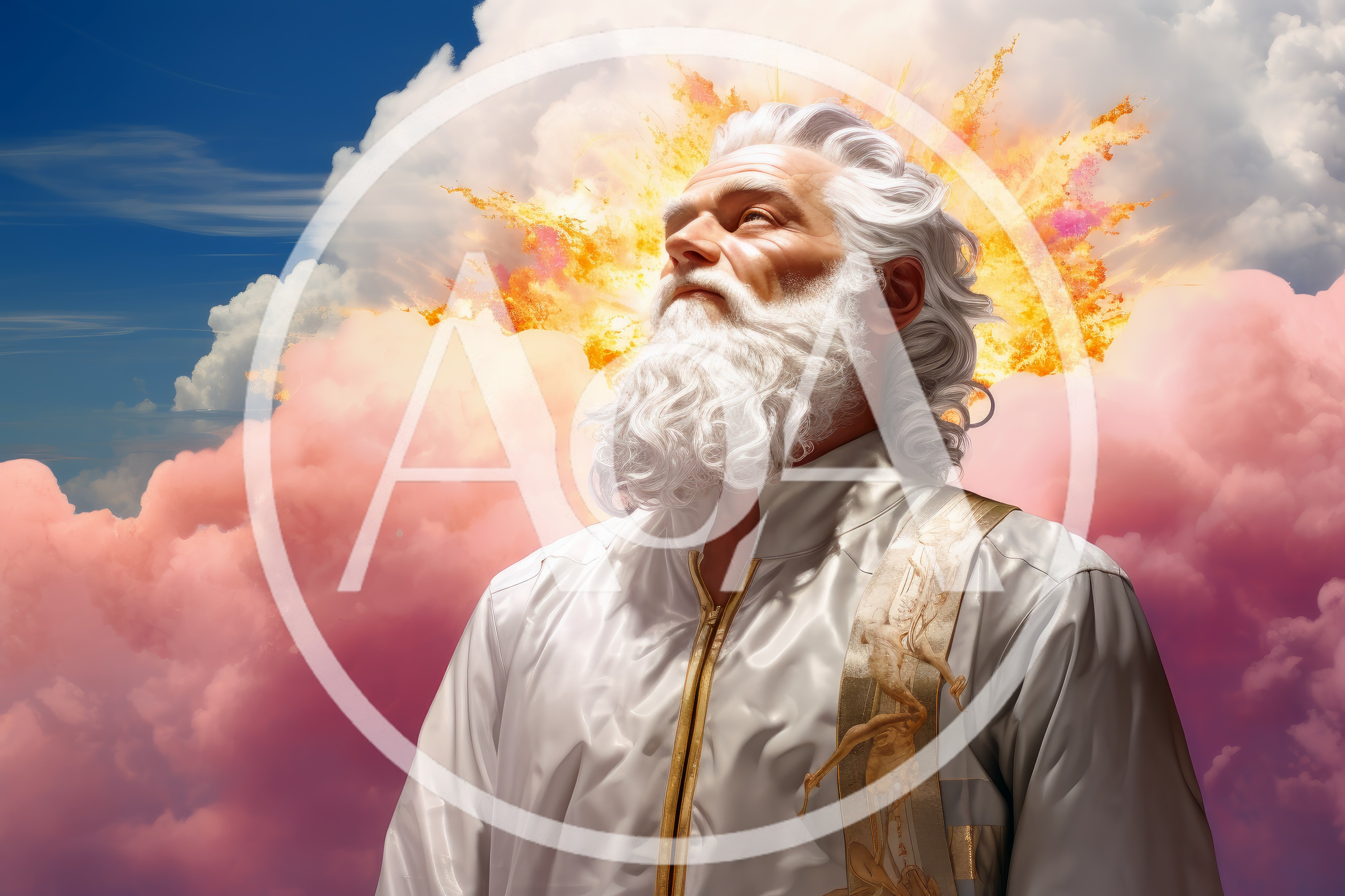 Majestic Elderly Man With White Beard In Divine Clouds