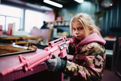 Young Girl Holding A Pink Toy Rifle