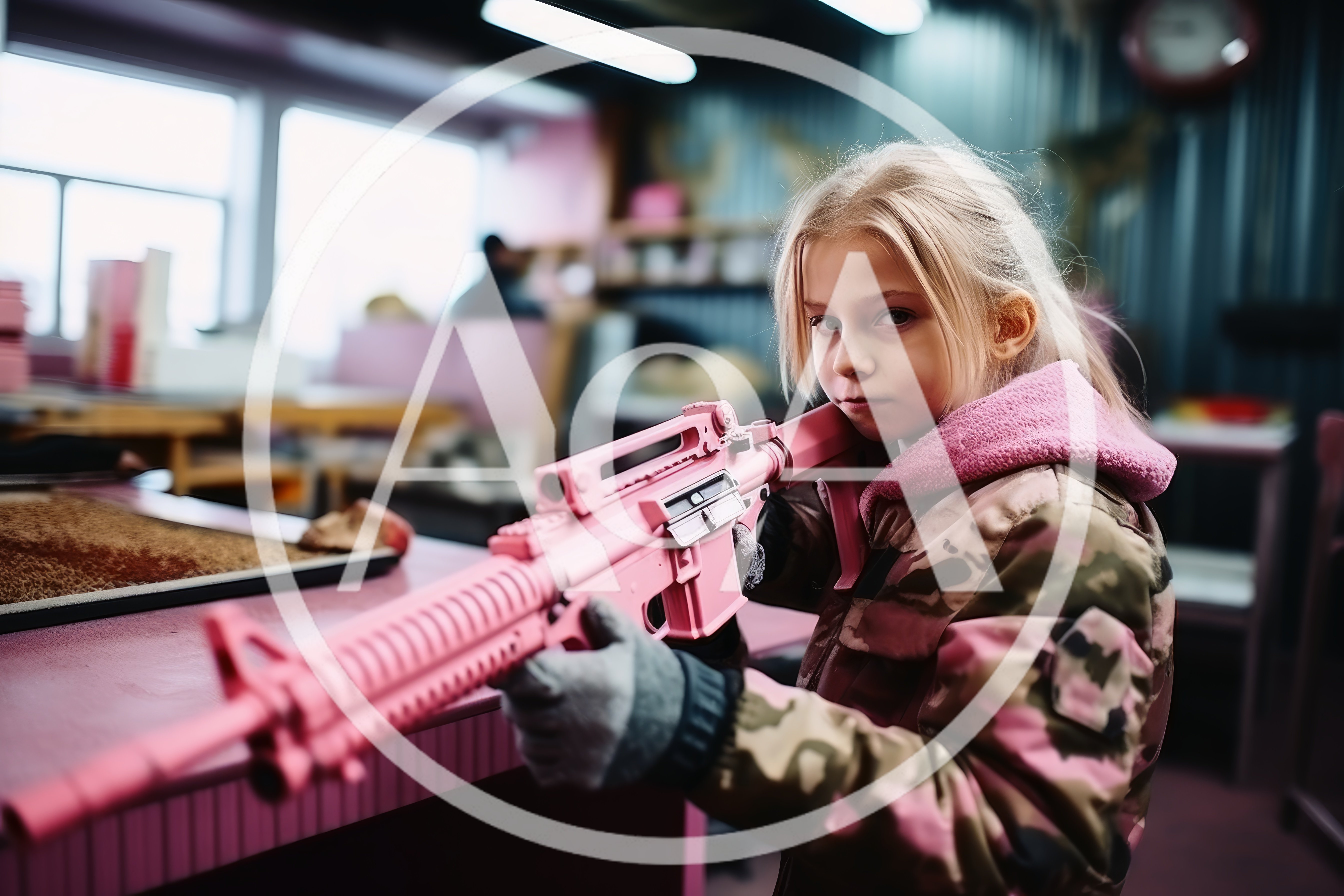 Young Girl Holding A Pink Toy Rifle