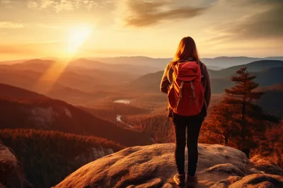 Hiker Standing On Mountain Peak At Sunset