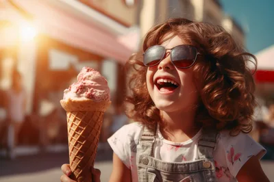 Happy Young Girl Eating Strawberry Ice Cream