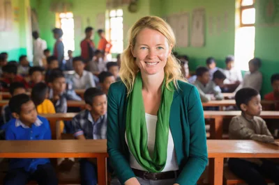 Female Teacher Smiling In A Classroom With Students