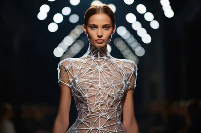 Fashion Model Wearing Futuristic Geometric Structure Dress