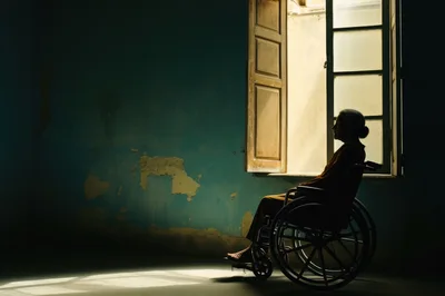 Elderly Woman Sitting In A Wheelchair By A Window