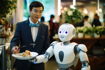 Human Waiter And Robot Serving Food In Restaurant