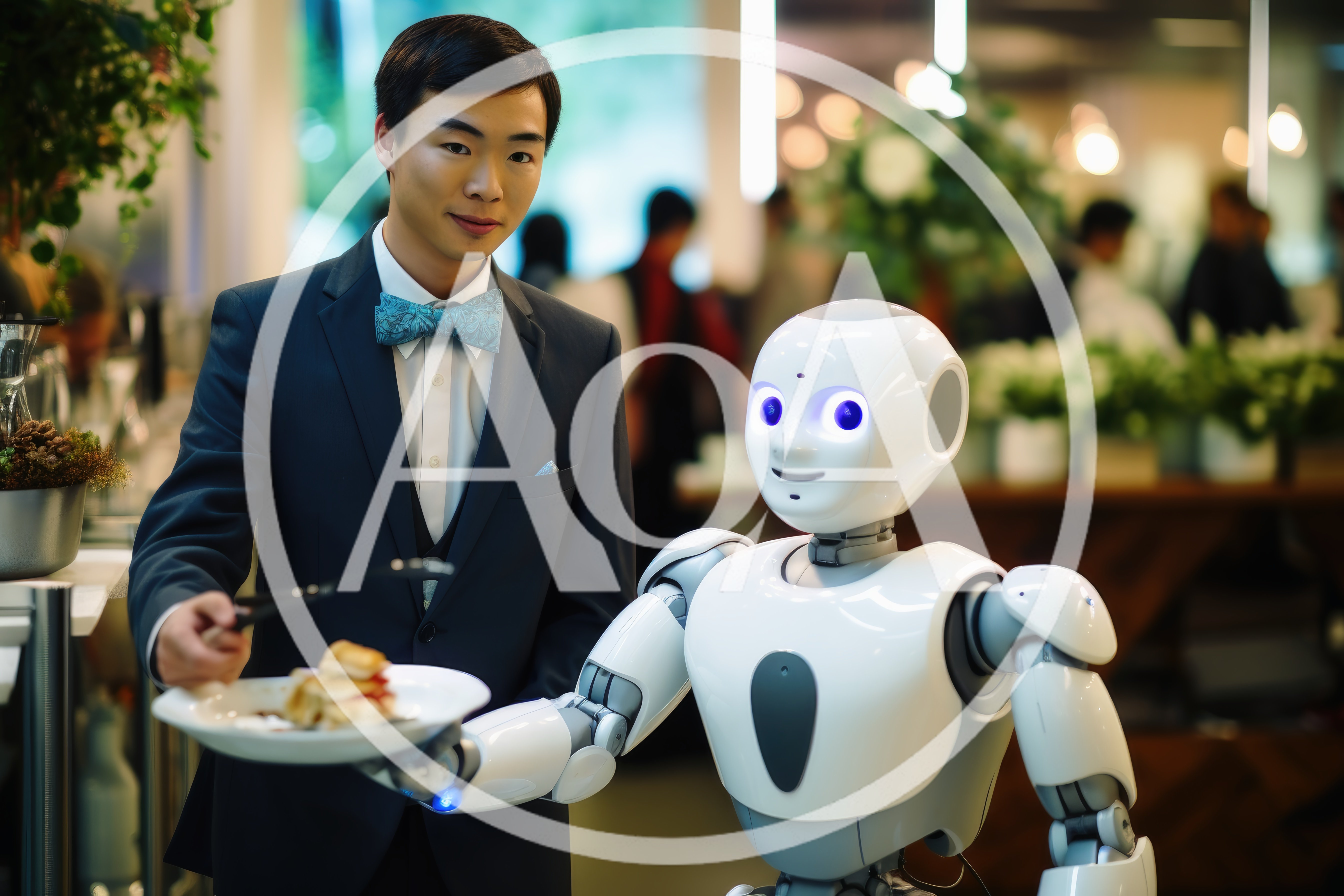 Human Waiter And Robot Serving Food In Restaurant