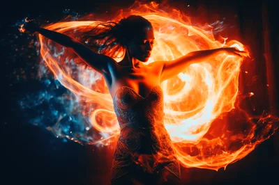 Woman Dancing With Swirling Fire And Blue Light Effects