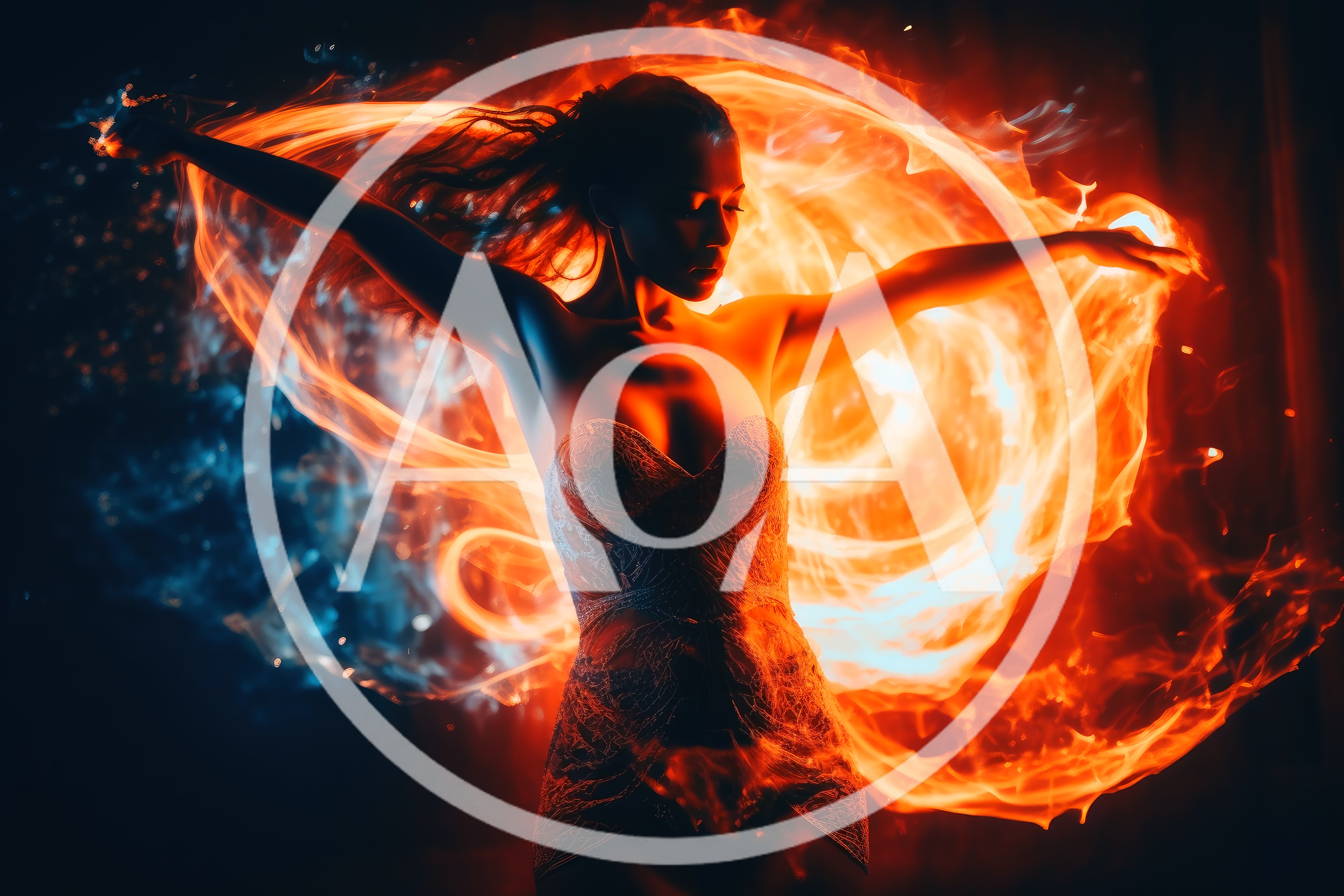 Woman Dancing With Swirling Fire And Blue Light Effects
