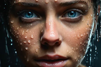 Close Up Portrait Of A Woman Under Falling Water
