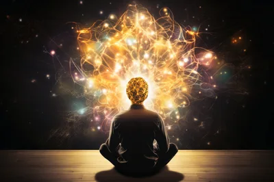 Person Meditating Before A Glowing Neural Network Visualization