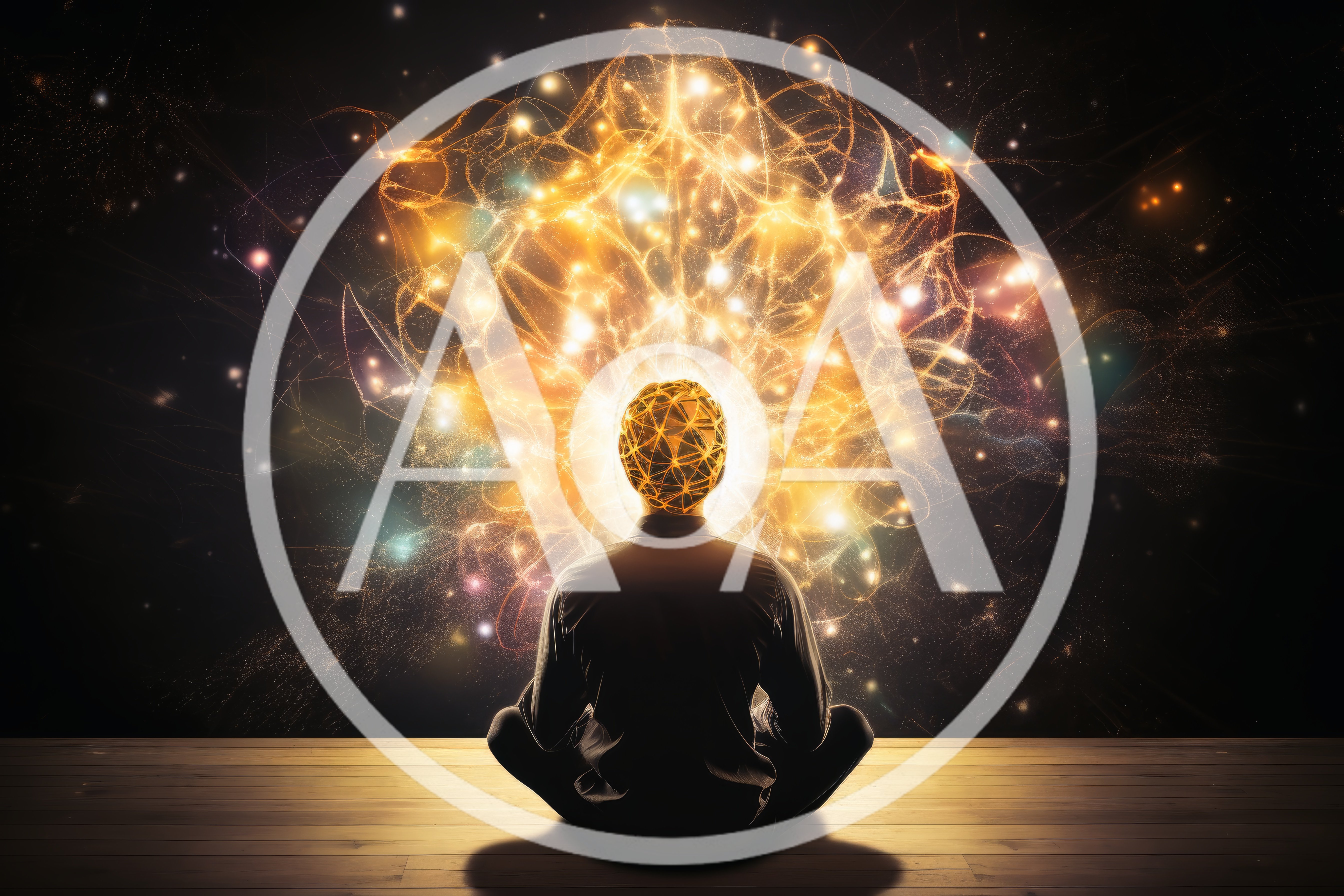 Person Meditating Before A Glowing Neural Network Visualization