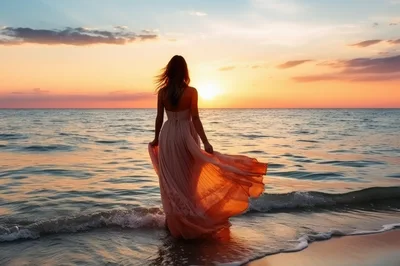Woman In Flowing Dress Standing On Beach At Sunset