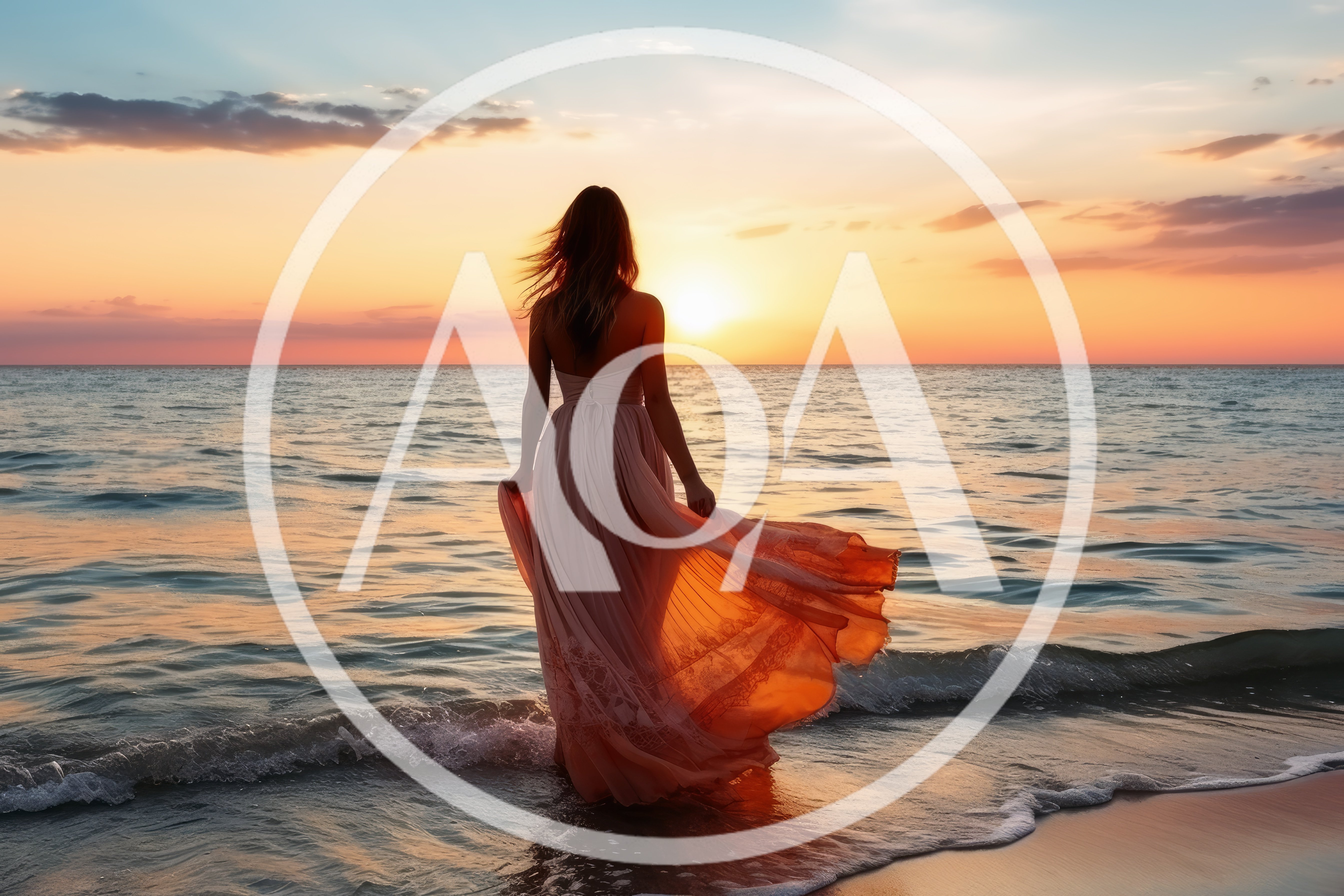 Woman In Flowing Dress Standing On Beach At Sunset
