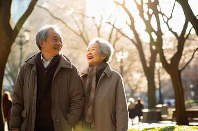 Happy Elderly Asian Couple Walking Together in Park