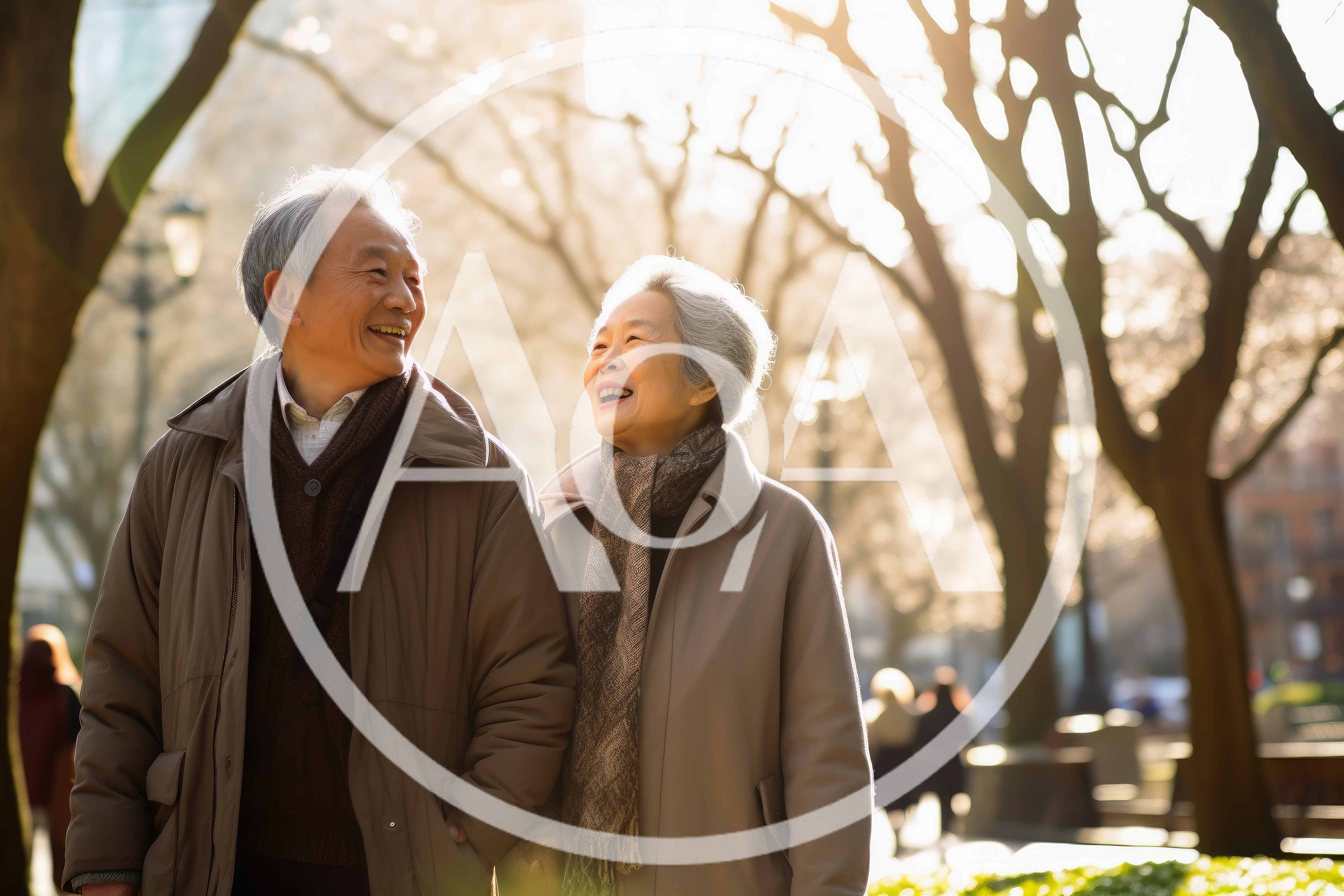Happy Elderly Asian Couple Walking Together in Park
