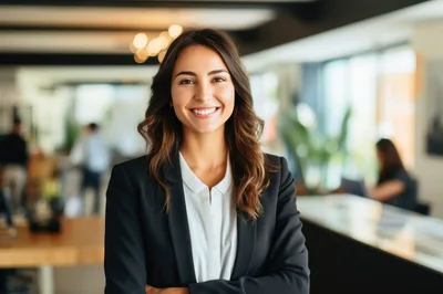 Professional Businesswoman Smiling In A Modern Office Setting