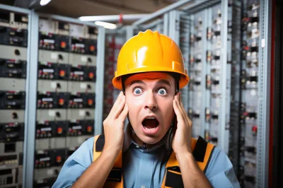 Shocked Electrician Standing In Front Of Electrical Control Panels