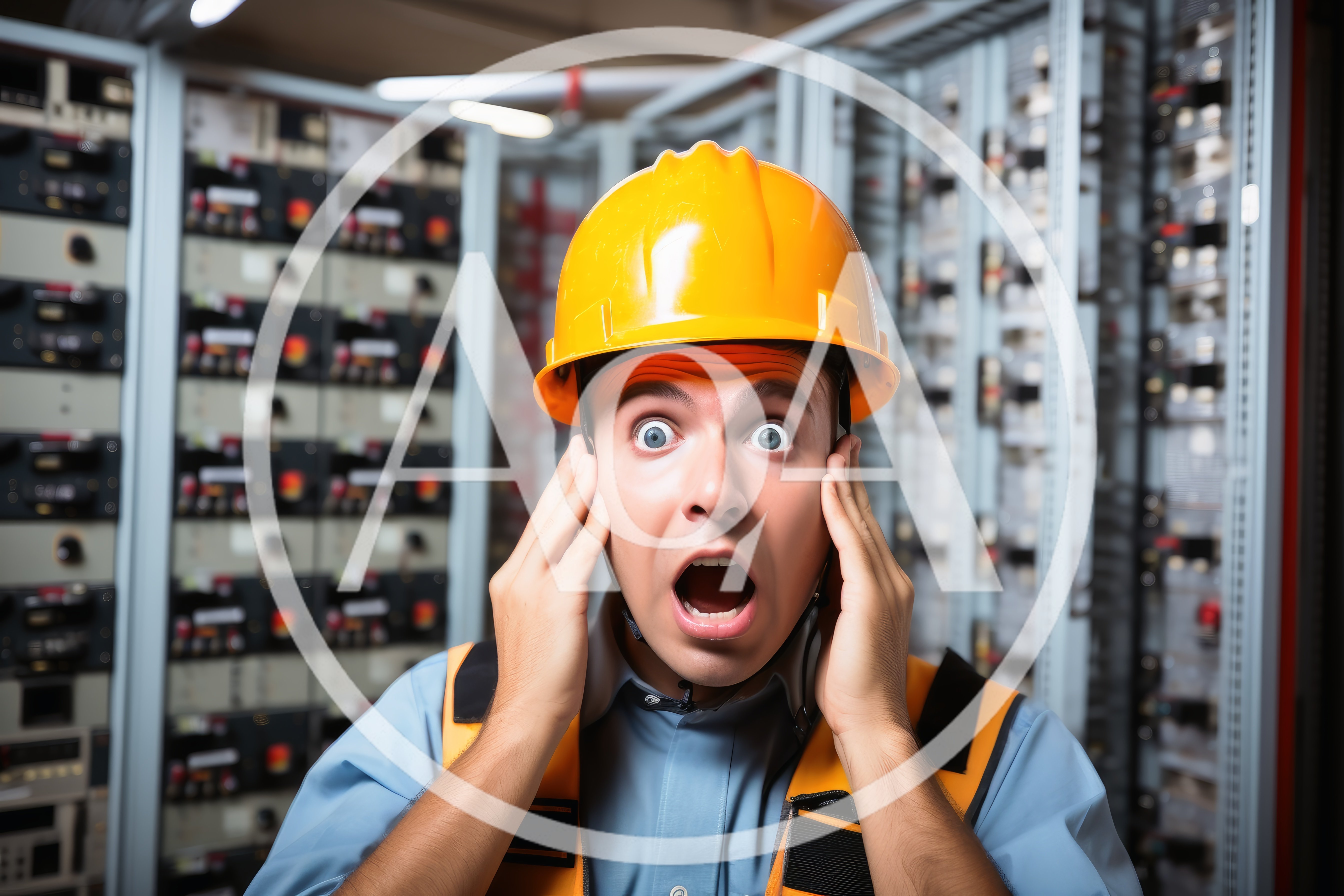 Shocked Electrician Standing In Front Of Electrical Control Panels