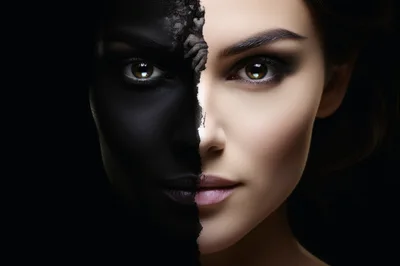 Portrait Of A Woman With Split Black And Natural Skin