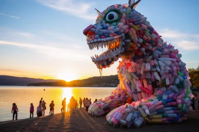 Giant Recycled Plastic Monster Sculpture At Sunset