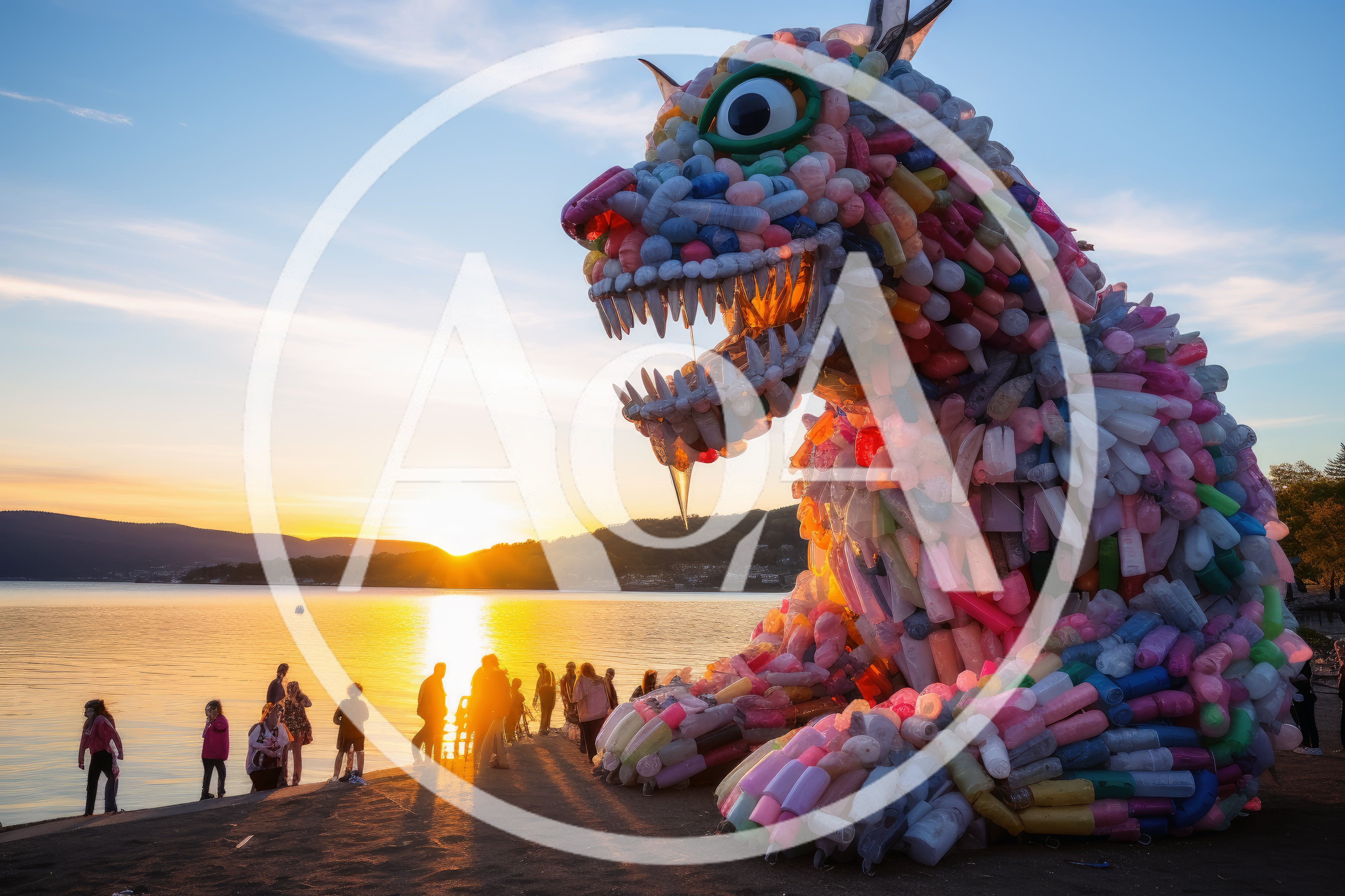 Giant Recycled Plastic Monster Sculpture At Sunset