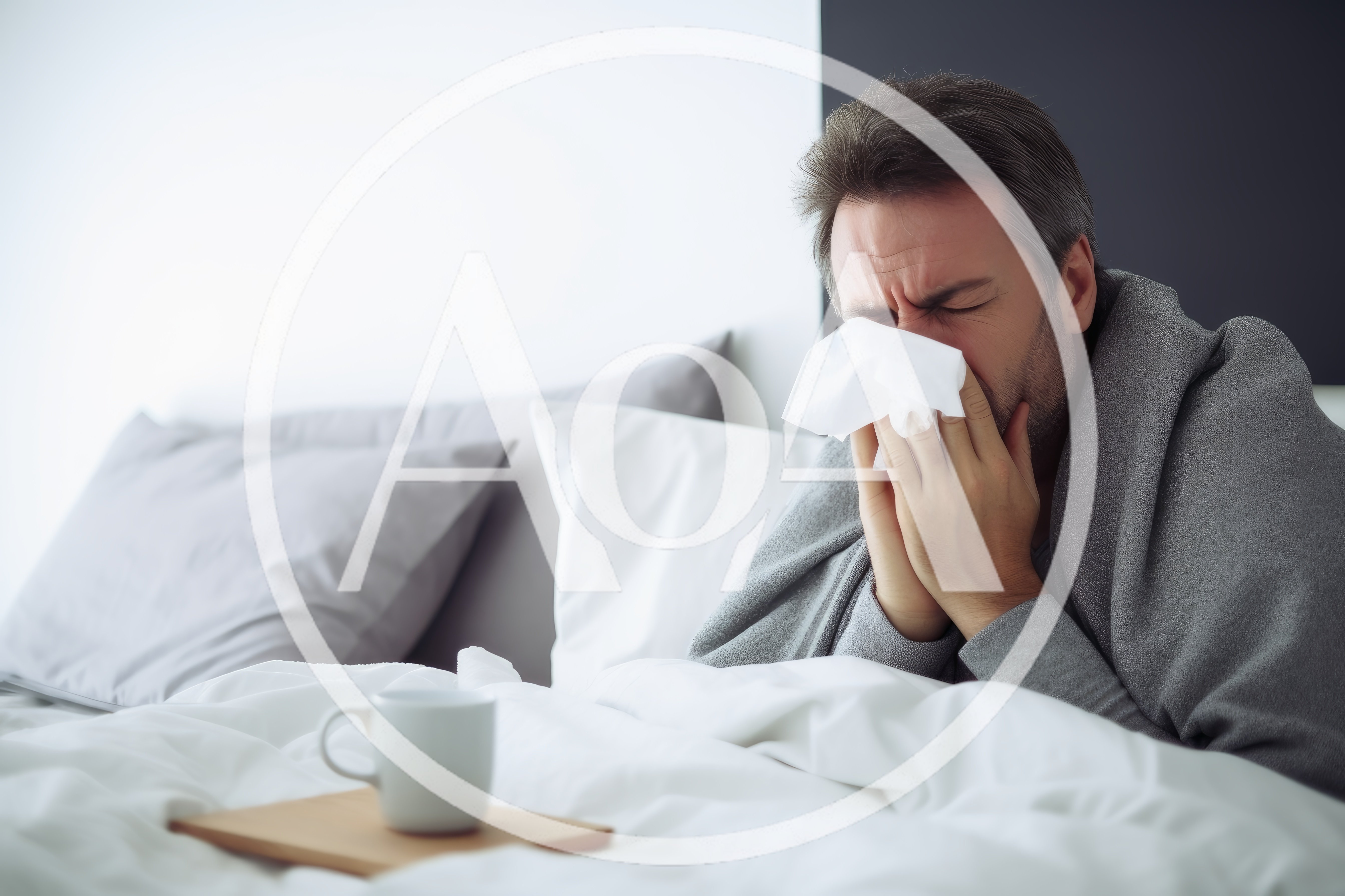 Sick Man Blowing Nose In Bed