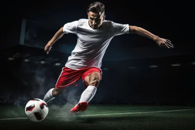 Professional Soccer Player Kicking Ball on Stadium Field