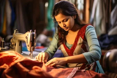Young Indian Woman Sewing Fabric On Vintage Machine