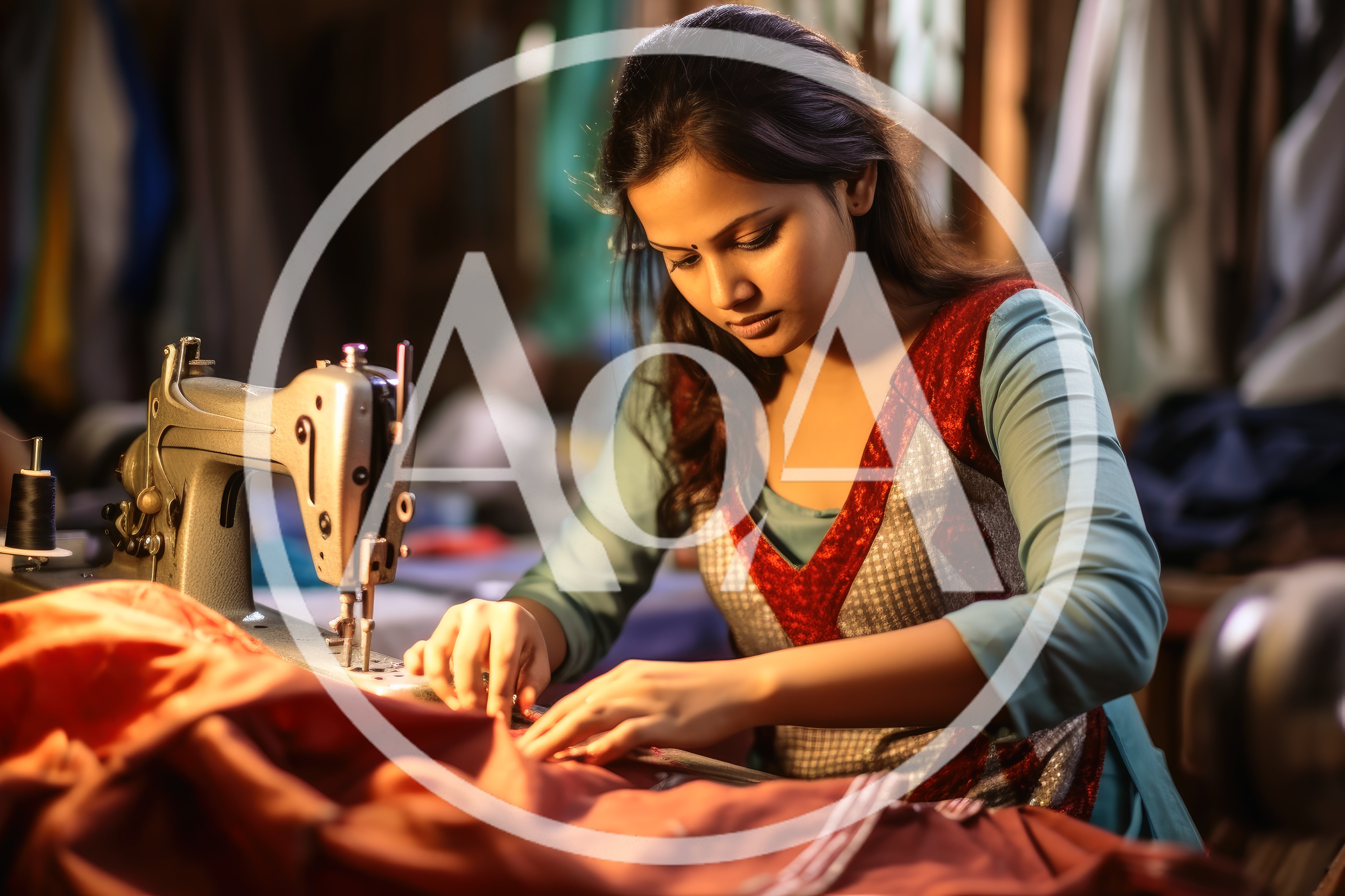 Young Indian Woman Sewing Fabric On Vintage Machine