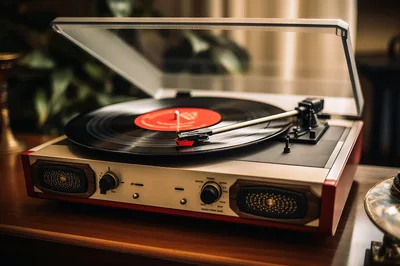 Vintage Style Turntable Playing Vinyl Record