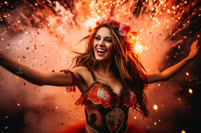 Joyful Woman Celebrating Amidst Vibrant Fireworks Display