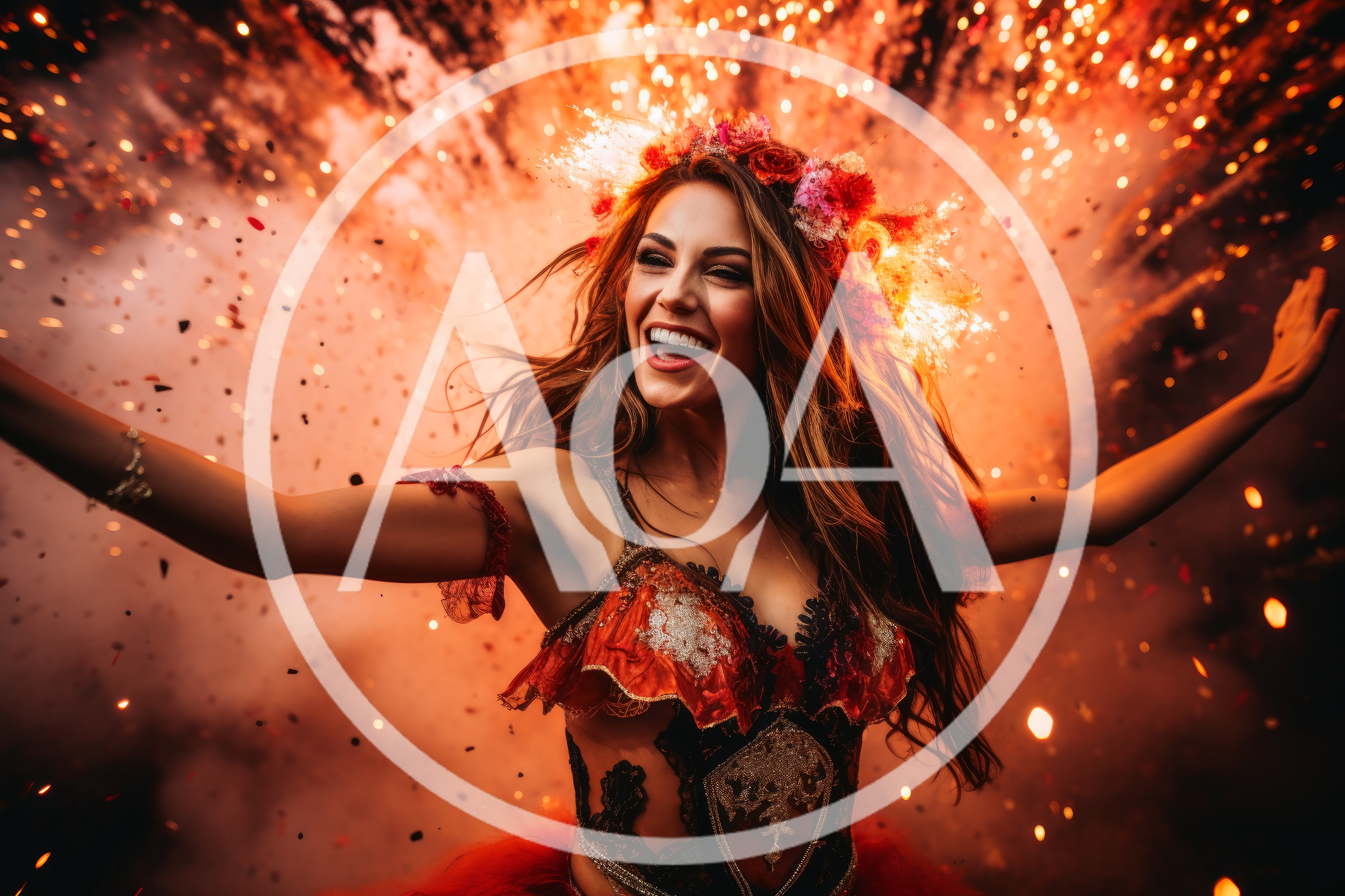 Joyful Woman Celebrating Amidst Vibrant Fireworks Display