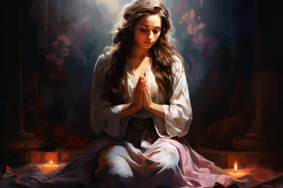 Young Woman Praying With Clasped Hands In Candlelight