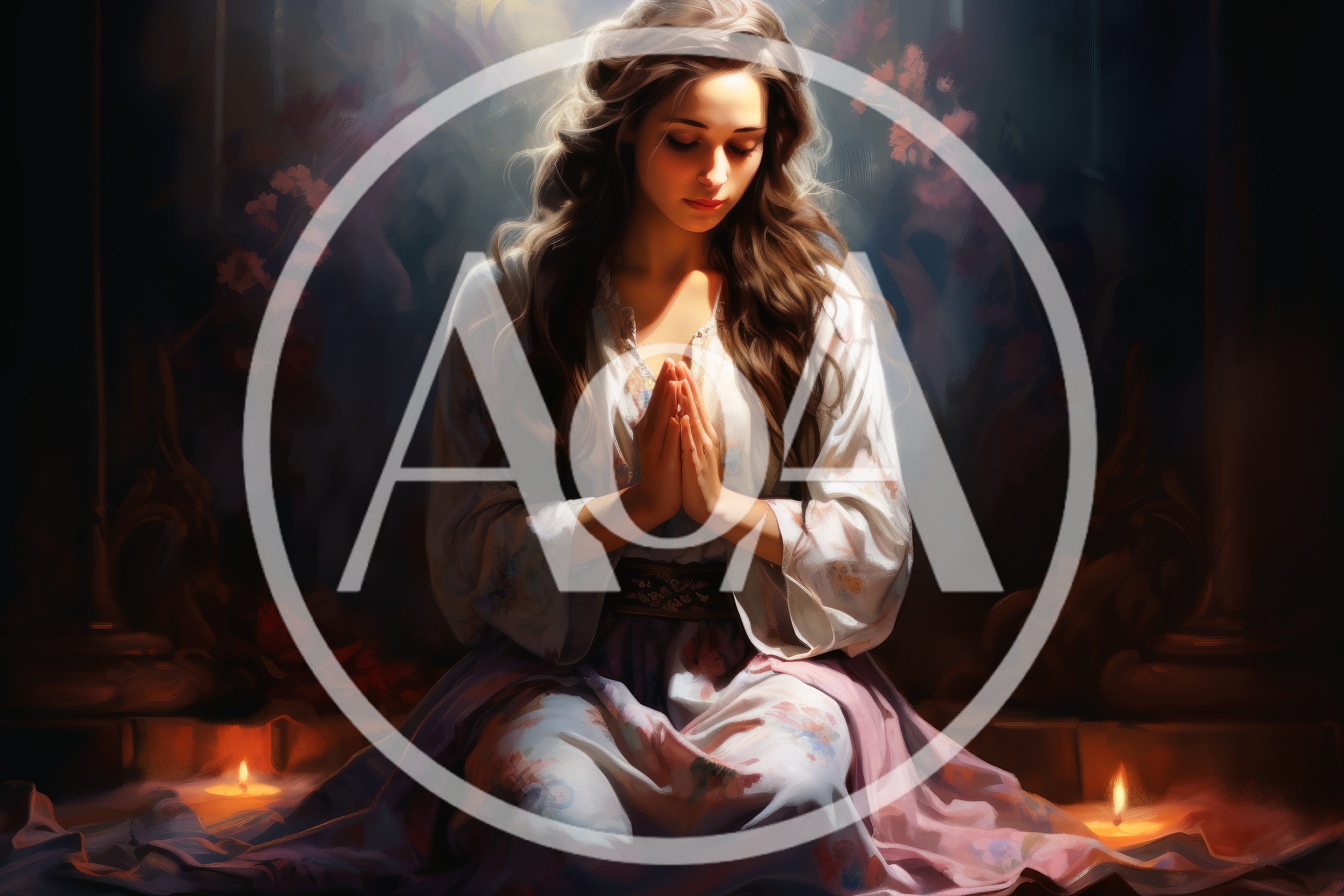 Young Woman Praying With Clasped Hands In Candlelight